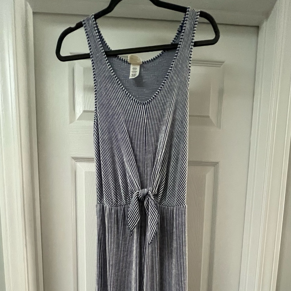 Blue striped jumpsuit with front tie